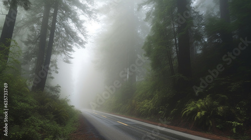 Foggy Straight Redwood Highway in Northern California. Generative AI © Fuji