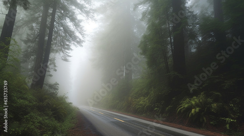 Foggy Straight Redwood Highway in Northern California. Generative AI