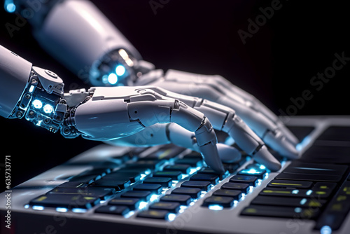 Artificial intelligence android robot hands writing text on compurter keypad.