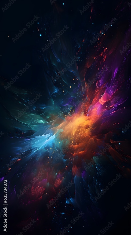 Vibrant colorful explosion of color paint, isolated black background, abstract splash design wallpape