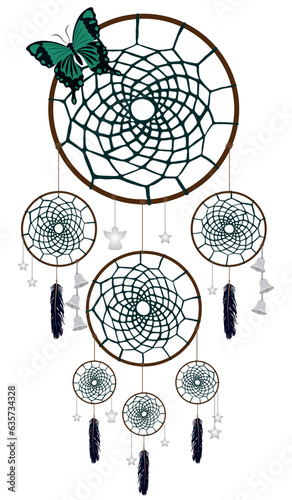 Big dreamcatcher decorated with feathers, bells, stars, angels and butterfly vector illustration