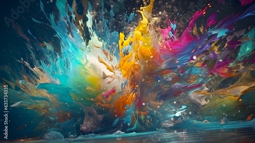 Vibrant colorful explosion of color paint, isolated black background, abstract splash design wallpape