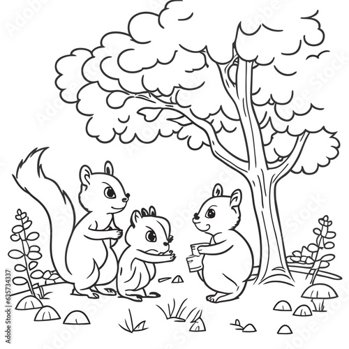 Fototapeta Naklejka Na Ścianę i Meble -  in the park the squirrels play from tree to tree coloring page, vector illustration line art