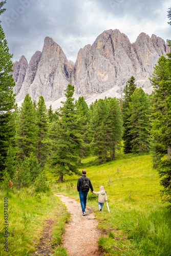 Tourists walking in alpine forest on summer day. Hikers traveler hikking with beautiful forest landscape, Dolomites, Italy