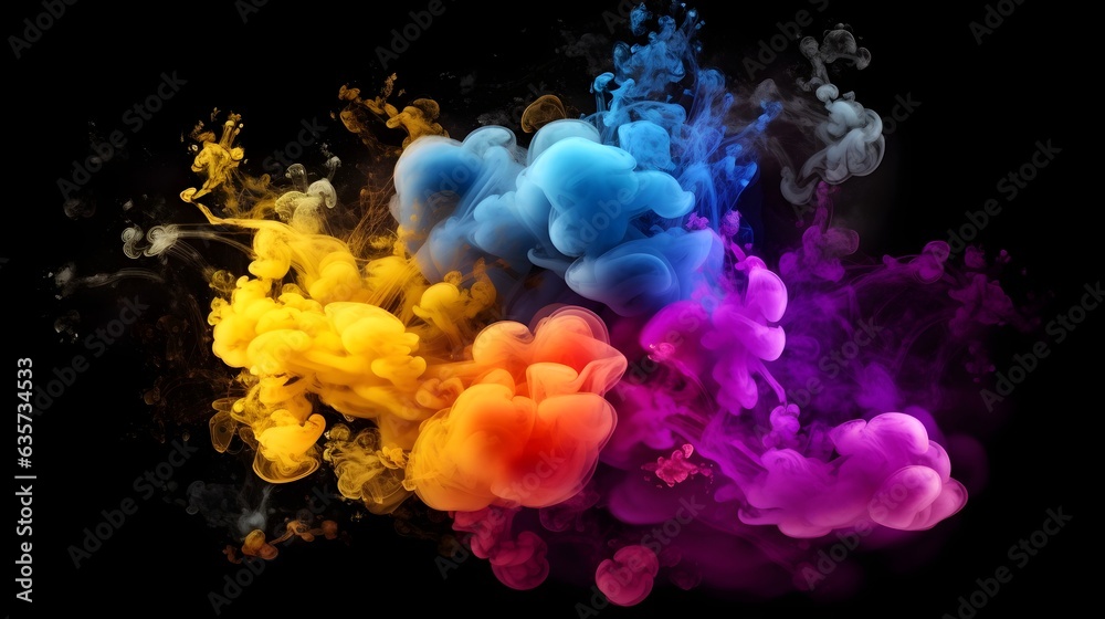 Fototapeta premium Vibrant colorful explosion of color paint, isolated black background, abstract splash design wallpape