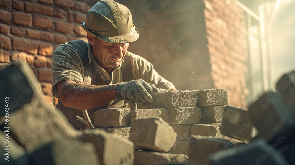 Professional Bricklayer builder installing bricks at construction site. Generative Ai - obrazy, fototapety, plakaty 
