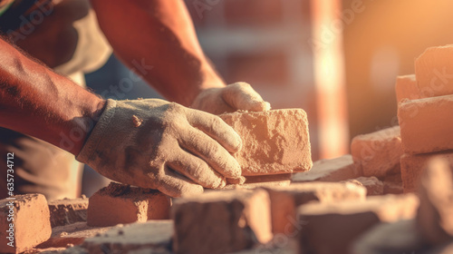 Professional Bricklayer builder installing bricks at construction site. Generative Ai