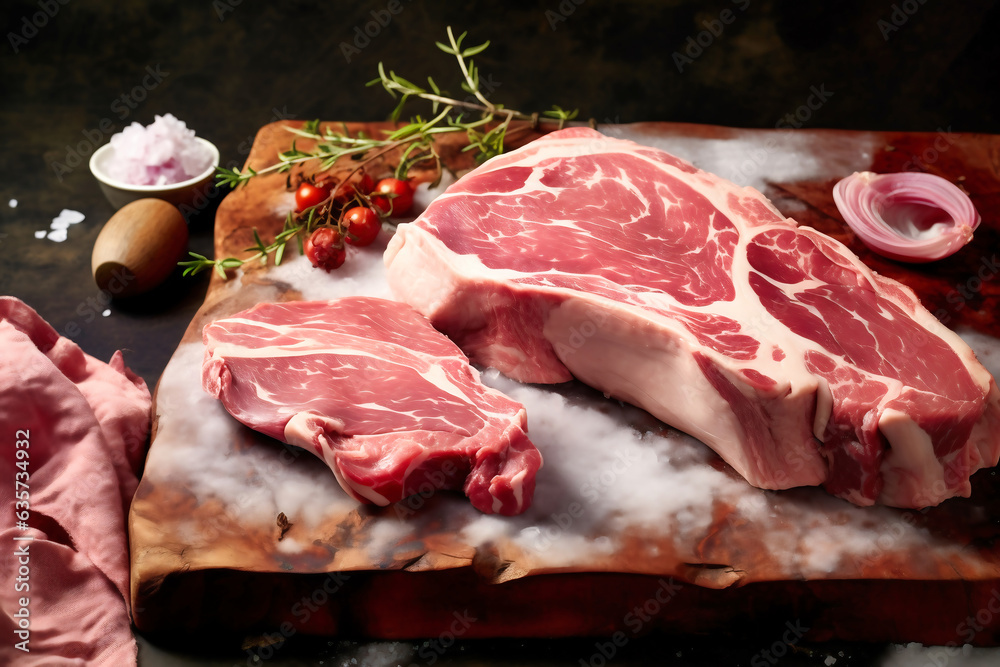 Raw fresh beef steak on a wooden board with seasonings.