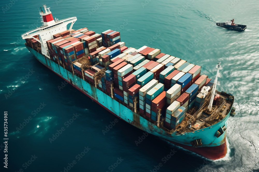Fototapeta premium Global business logistics import-export cargo. A cargo ship with sea containers on board goes through the sea. Transportation of goods across the ocean.