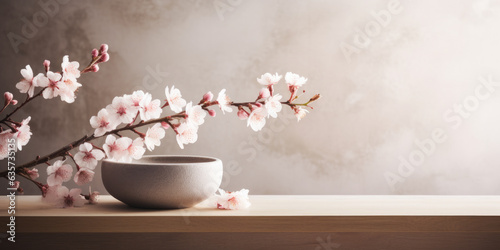 A moody scene of a luxury spa interior with a wooden table, a light colored bowl and a branch with cherry blossoms