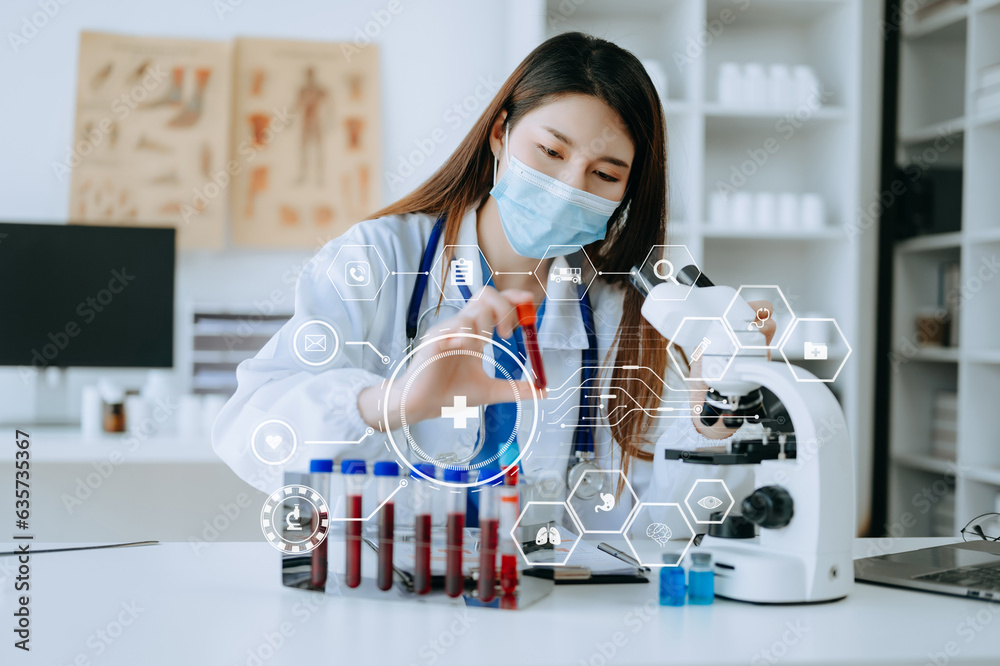 Female scientist researcher conducting an experiment working in the chemical laboratory with VR icons Female scientist researcher conducting an experiment working in the chemical laboratory with VR icons