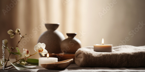 Spa products for beauty treatments in a luxury hotel, Zen inspired still life