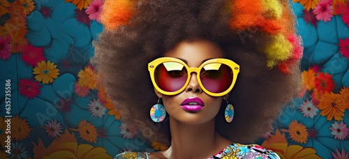 Vibrant African fashion woman in colorful ensemble, stylish afro hairstyle. Concept of cultural diversity celebration.