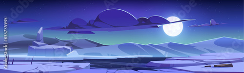 Night north pole vector landscape with full moon in sky. Cartoon dark arctic illustration with frozen water and cloud. Freeze lake and snowy hill outdoor antarctica environment for web banner