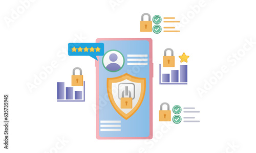 User data protection. The hand is holding the phone. Mobile application for data analysis and accounting. File management.on white background.Vector Design Illustration.