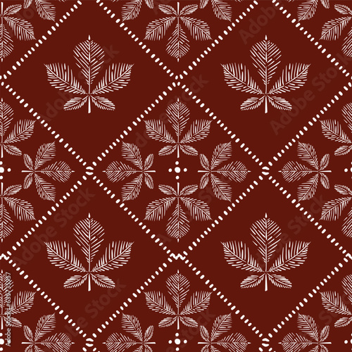 Modern Maple Leaves Fall and Autum leaves create from line  sketch with checkered seamless pattern ,