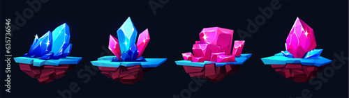 Magic game crystal floating stone island vector. Gemstone and diamond isolated cluster clipart illustration. Mineral ruby, sapphire and diamond gui element set. Jewelry platform on black background