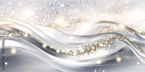 Elegant wave with particles splashes. Abstract background with bokeh defocused lights. Glittering lights background. Christmas and New Year holidays concept.