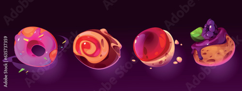 Candy game world with space food planet cartoon. Sweet donut cake and chocolate galaxy round design icon. Colorful bakery macaron and cupcake sphere dessert kit. Jelly yummy cute 2d ui magic set