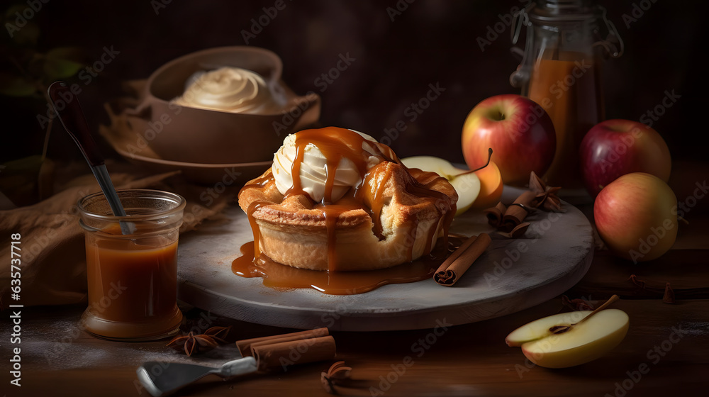 Naklejka premium apple pie, whipped cream, caramel sauce, cinnamon