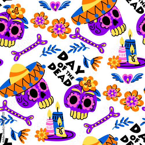 Muertos pattern with a skull. The Feast of the Dead on Mexico Day. A face in the form of a skull with a floral pattern. Floral seamless background. Seamless pattern for Halloween. Day of the Dead