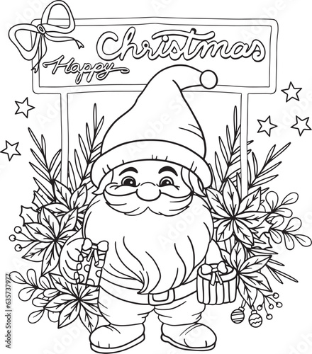 Hand-drawn. Christmas Gnome cartoon. Happy Christmas. Doodles art for Merry Christmas or Happy new year card. Coloring page outline. Coloring book for adults and kids.