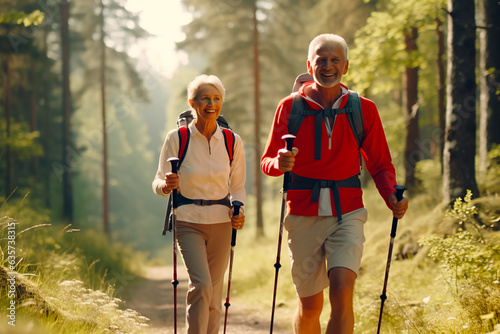 Grandfather and grandmother do Nordic walking. Sports for the elderly