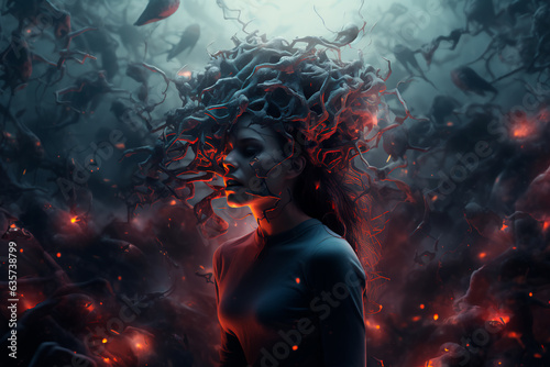 Woman in depression art. Concept of mental health and depressive period. Migraine. AI Generated