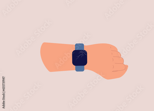 One Male’s Hand Wearing A Smart Watch With A Broken Screen. Close-Up.