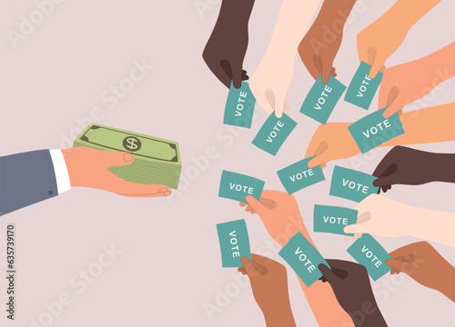 Concept Of Bribery And Corruption In Elections. Politician’s Hand Holding Cash Bribing Diverse Group Of Voter With Hand Holding Voting Ballot Paper. Close-Up.