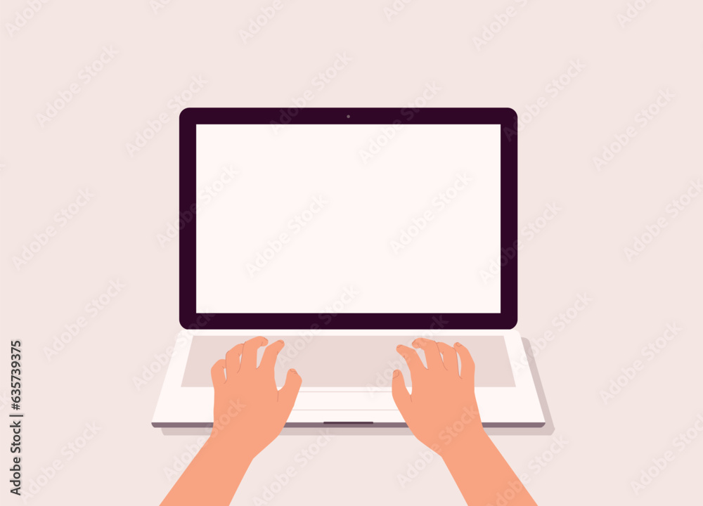 A Person’s Hand Typing On Laptop Keyboard With Blank Screen. Isolated On Color Background. Close-Up. A Person’s Hand Typing On Laptop Keyboard With Blank Screen. Isolated On Color Background. Close-Up.