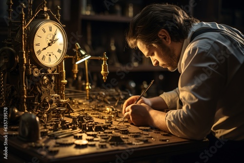 a watchmaker, illuminated by a focused beam of light, carefully placing delicate gears into a watch mechanism. Tiny tools and watch parts scatter the tabletop in the foreground, while the clock-laden  photo