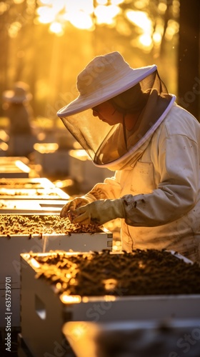 a beekeeper in protective white gear, the fine mesh of their veil softly illuminated, as they handle a frame covered in bees