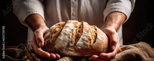Male hands with a freshly baked loaf of rye wheat bread on a dark background. Generative AI.