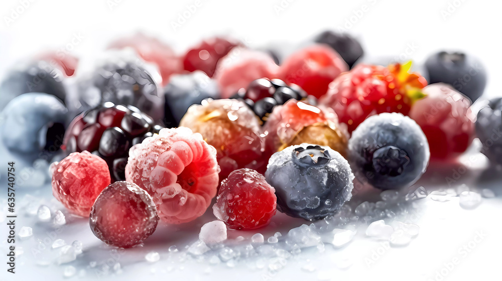 A mix of isolated frozen fresh berries covered in frost and ice crystals. On a white surface. Generative AI technology.
