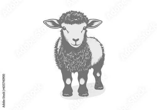 Vector gray cute monochrome standing thoroughbred beautiful lamb. Farm pet. Sticker or icon. White isolated background. © GAlexS