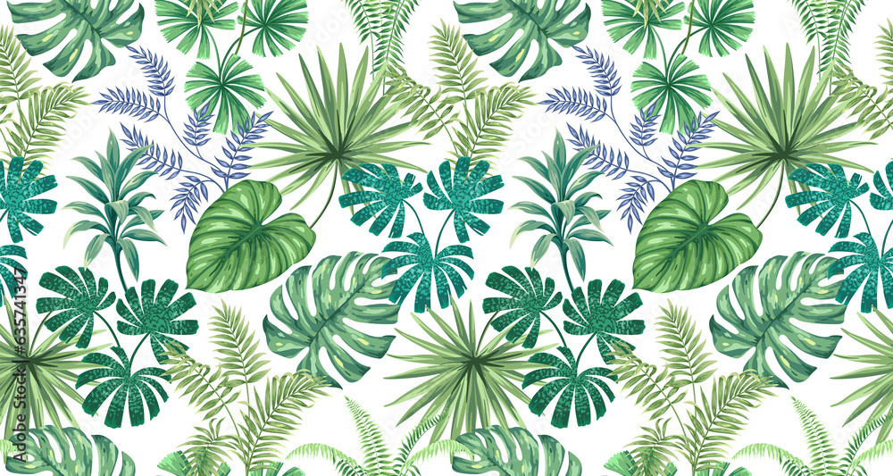 Fototapeta premium Leaf Variety of types. Seamless pattern with tropical leaves white blackground used for decorative design.