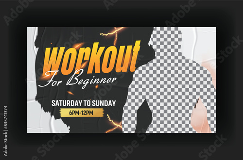 Gym and fitness training, Workout or exercise for beginner youtube thumbnail, and web banner design template	