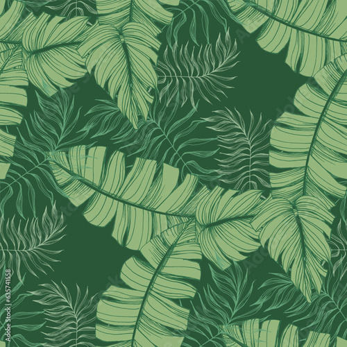 Green tropical seamless pattern background with palm leaves for decor, covers, backgrounds, wallpapers. Collage contemporary floral Modern exotic plants illustration in vector.