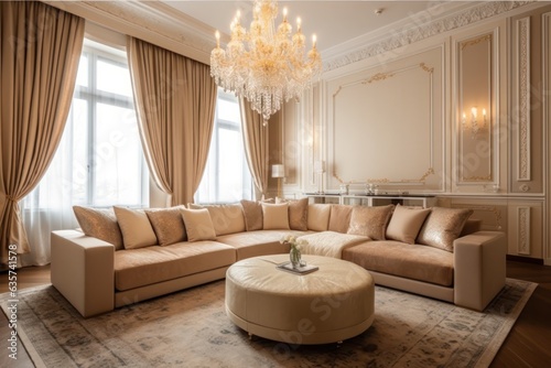 Modern living room showcasing a chic sofa close-up  sleek design  and hardwood floors.