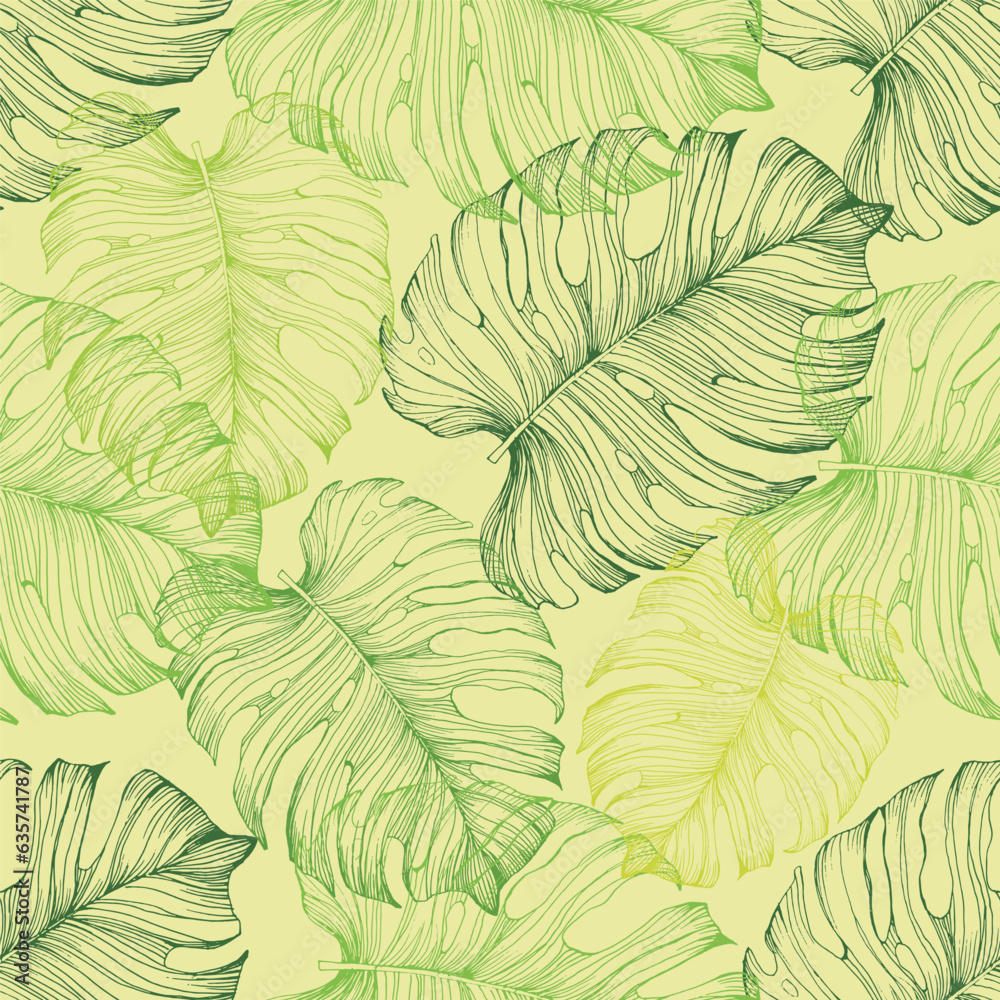 Green tropical seamless pattern background with palm leaves for decor, covers, backgrounds, wallpapers. Collage contemporary floral Modern exotic plants illustration in vector.
