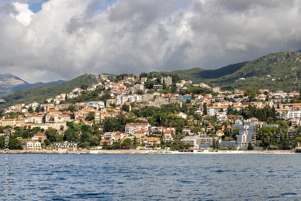 A view of Herceg Novi and the Old Town from Kotor Bay, Montenegro