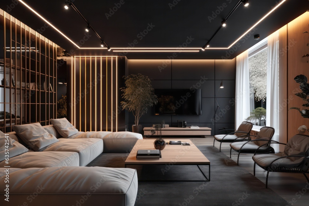 Luxurious living room with led lights, black details and a chic sofa close-up, sleek design, hardwood floors. Luxurious living room with led lights, black details and a chic sofa close-up, sleek design, hardwood floors.