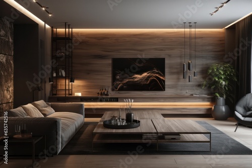 Luxurious living room with led lights, black details and a chic sofa close-up, sleek design, hardwood floors.