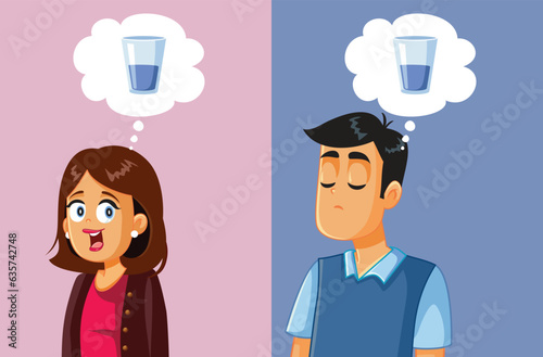 Funny Optimistic Woman and Pessimistic Man Seeing a Glass of Water Differently. People with different mentalities both positive and negative 
 photo