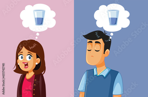 Funny Optimistic Woman and Pessimistic Man Seeing a Glass of Water Differently. People with different mentalities both positive and negative 
