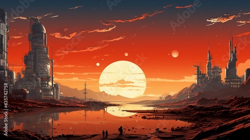 An illustration of an alien city with a sunset in the background AI Generated