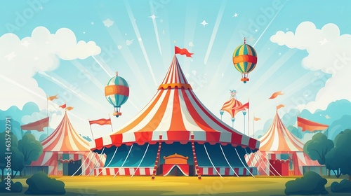 An illustration of a circus tent with balloons and flags AI Generated