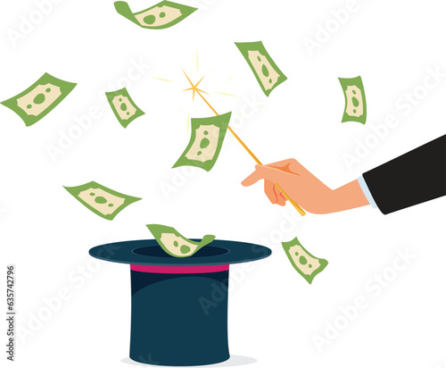 Businessman Making Money Appear from a Magic Hat Vector Cartoon. Magician making money in a scam-like illusion trick 
