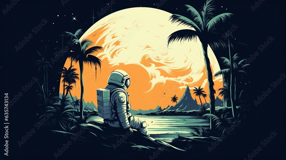 An illustration of an astronaut sitting on a rock looking at the ocean AI Generated
